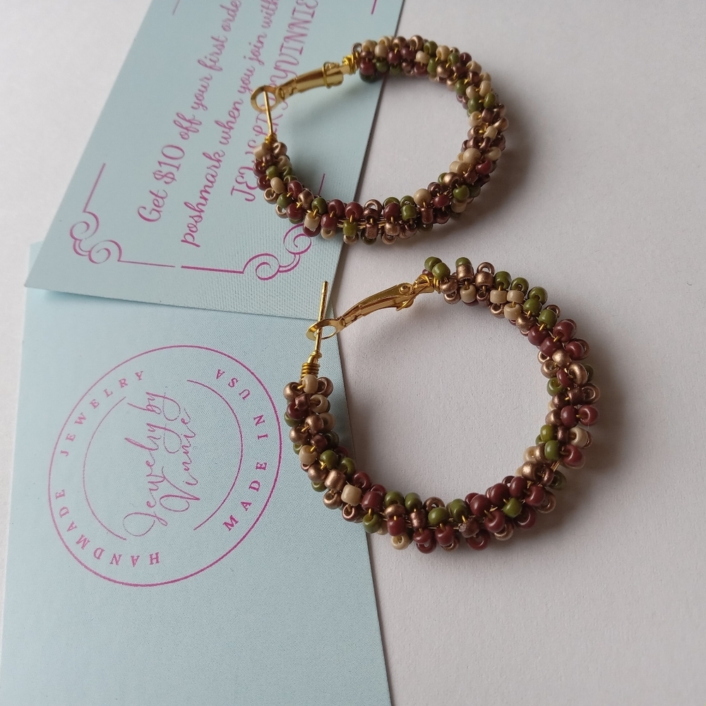 Hand Crafted Multicolor Beaded Hoop Earrings - Picture 4 of 5
